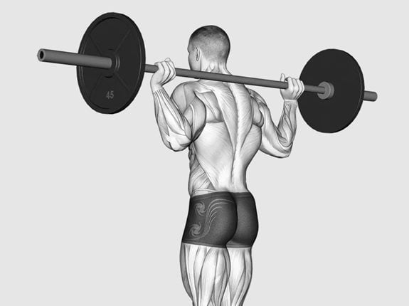 Wspięcia na palce ze sztangą stojąc na podwyższeniu - Barbell Standing Calf Raise