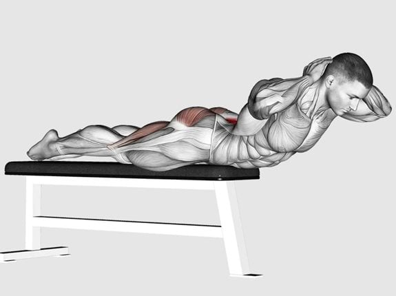 Unoszenie tułowia leżąc na ławce, dłonie na karku – Hyperextension  (on bench)